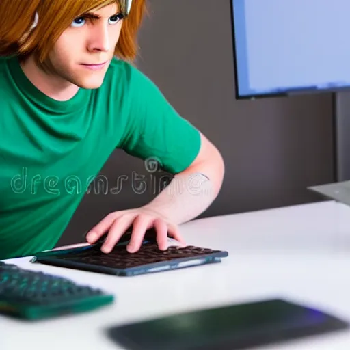 Image similar to link from zelda using computer, stock image