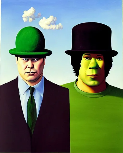 Image similar to magritte painting of keanu reeves and shrek