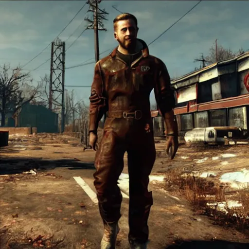 Prompt: ryan gosling in fallout 4 is wearing a raider costume