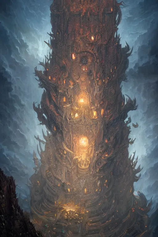 Prompt: !dream Detailed Exterior Shot of Dragon head Tower of Alexandria, light of sorrow, moonlight shafts, swarm of bats, dim atmosphere, in Style of Peter Mohrbacher, cinematic lighting