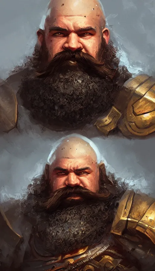 Prompt: Portrait of an dwarven warrior with a large moustache, male, detailed face, fantasy, highly detailed, cinematic lighting, digital art painting by greg rutkowski