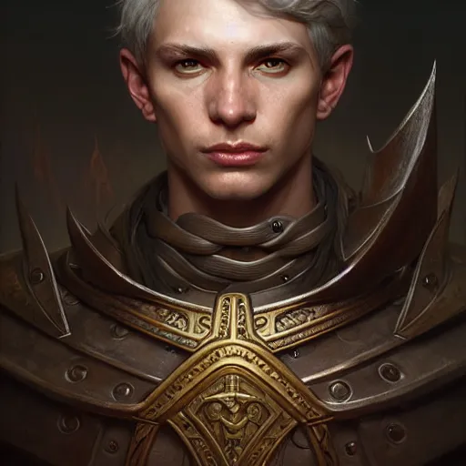 Image similar to portrait painting of a d & d male cleric, ultra realistic, concept art, intricate details, eerie, highly detailed, photorealistic, octane render, 8 k, unreal engine. art by artgerm and greg rutkowski and charlie bowater and magali villeneuve and alphonse mucha