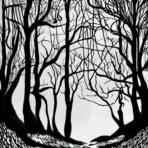 Image similar to dark forest illustration, dark fantasy, black ink on white paper, sketched 4k