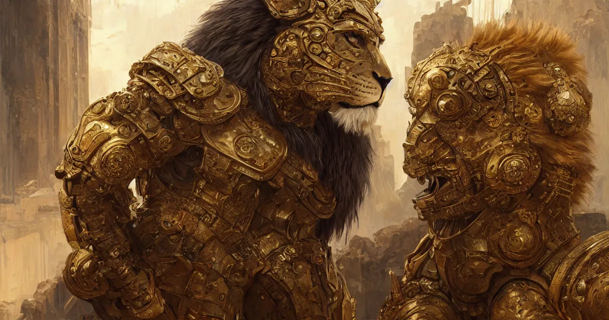 Image similar to portrait muscular anthro furry lion, golden reflected armor, in ruined agora of athens, ssci - fi and fantasy, intricate and very very beautiful and masculine, highly detailed, digital painting, artstation, concept art, frostbite engine, smooth and sharp focus, illustration, art by tian zi and wlop and alphonse mucha