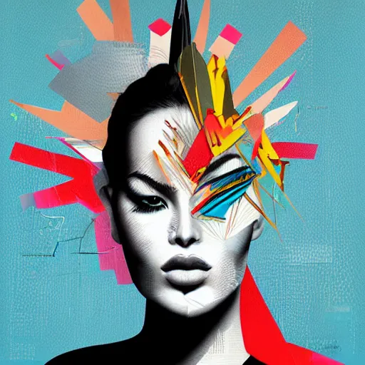 Prompt: beautiful elegant woman haloed by an explosion of chart lines and graphs by sandra chevrier, rik oostenbroek, simple contrasted color, white background