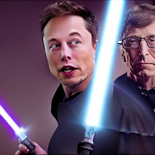 Image similar to film still of elon musk dueling bill gates with a lightsaber, epic cinematic