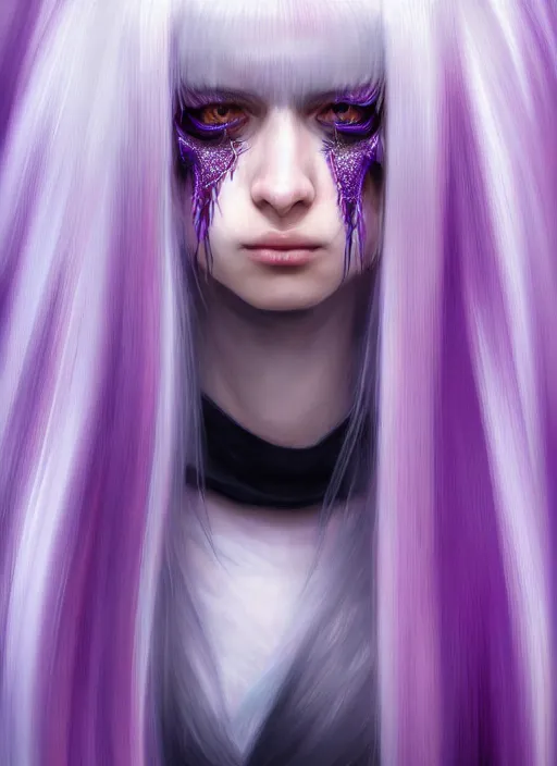 Image similar to hair whitebangs hair, black cyberlox, portrait of normal teenage girl, white bangs, messy bangs, fluffy bangs, cyberlox, whitebangs, red irises, purple background, intricate, elegant, highly detailed, digital painting, artstation, concept art, sharp focus, smooth, illustration, art by wlop, mars ravelo and greg rutkowski