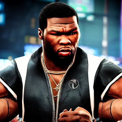 Image similar to a videogame still of 50 Cent in Tekken 7, portrait, 40mm lens, shallow depth of field, close up, split lighting, cinematic