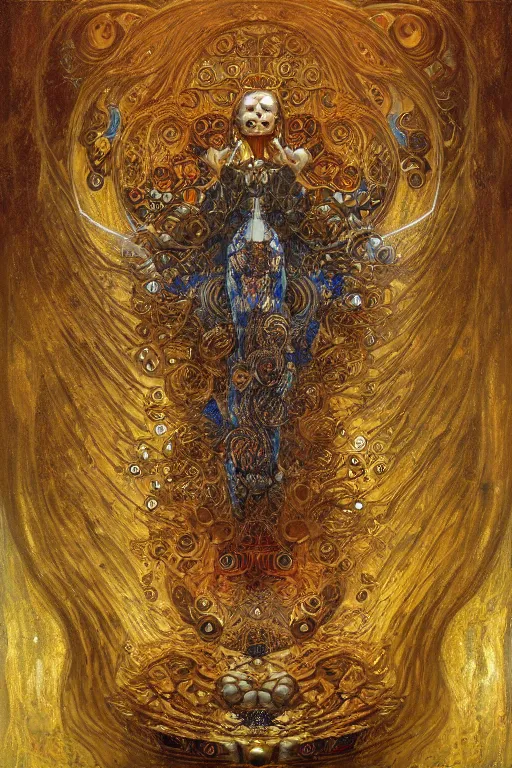 Image similar to Divine Chaos Engine by Karol Bak, Jean Deville, Gustav Klimt, and Vincent Van Gogh, visionary fractal structures, ornate gilded medieval icon, spirals, 8k 3D