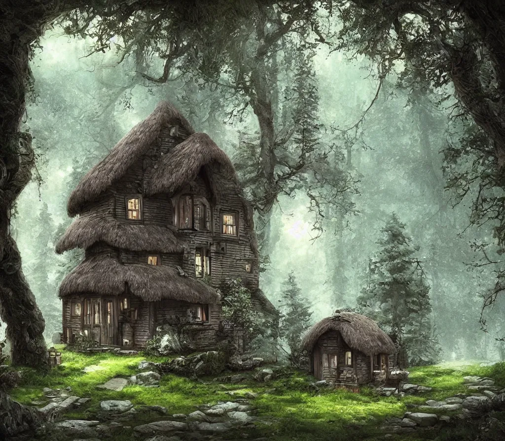 Prompt: a cottage in the woods, fantasy art, detailed, hyper realistic, cinematic