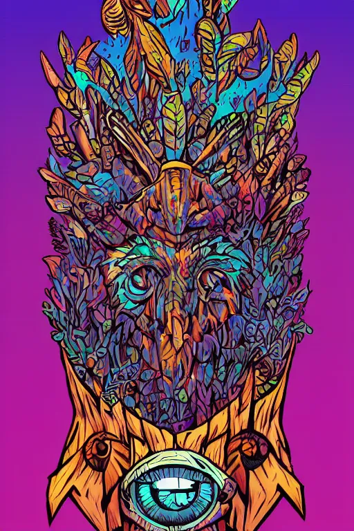 Image similar to animal mask totem roots flower tribal feather gemstone plant wood rock shaman vodoo video game vector cutout illustration vivid multicolor borderlands comics by josan gonzales and dan mumford radiating a glowing aura