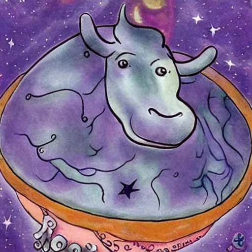 Prompt: the great magical cow, also known as the cosmic cow, has an enormous amount of charisma. a cow of a size of several thousand pounds and a body covered with an amazing array of hair, she has a beautiful blue coloration, she is quite docile and gentle, and her large, almost spherical body is always in motion.