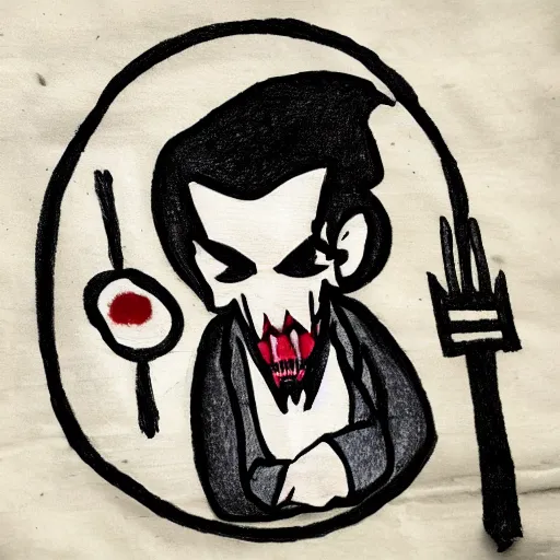 Prompt: hand-drawn doodle of Dracula using the toilet on the back of a napkin