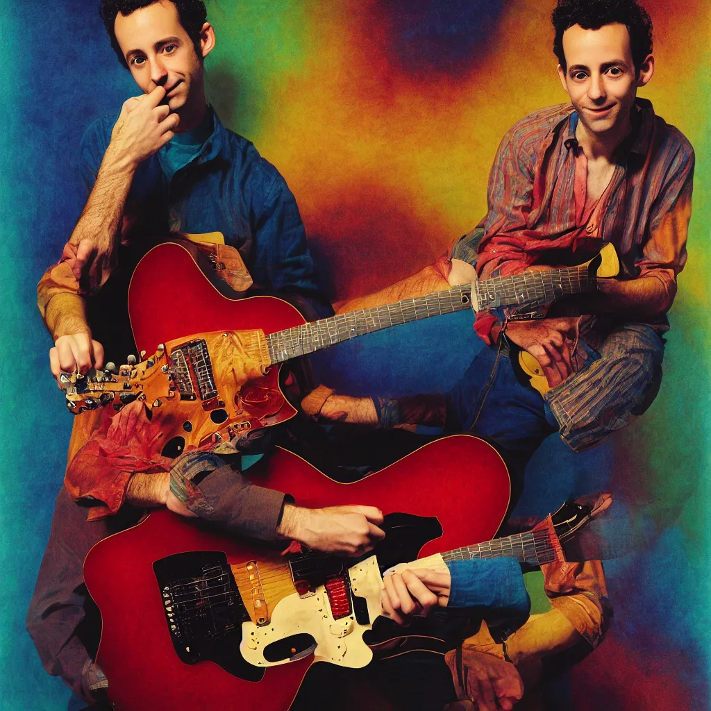 Image similar to award winning photo of julian lage playing jazz guitar, vivid colors, happy, symmetrical face, beautiful eyes, studio lighting, wide shot art by Sally Mann & Arnold Newman