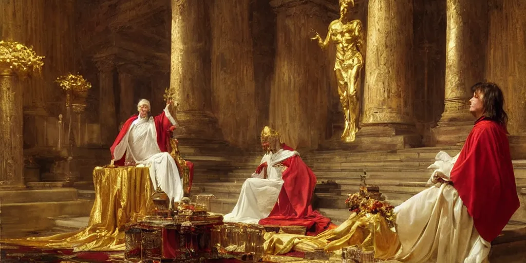 Image similar to beautiful oil painting, steve buscemi in royal crimson robes enthroned as the god emperor of ancient rome a golden wreath upon his head, by anders zorn, wonderful masterpiece by greg rutkowski, beautiful cinematic light, american romanticism, by thomas lawrence, greg rutkowski