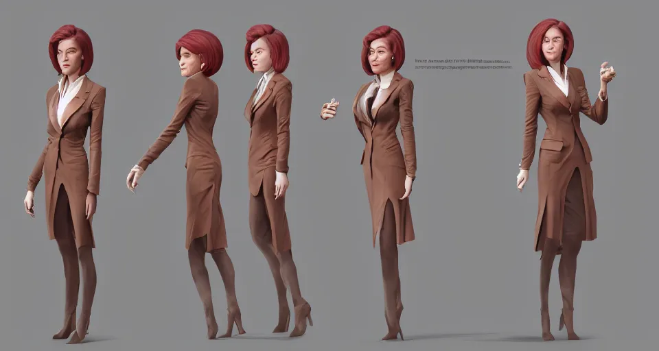 Image similar to Character concept sheet of Business Woman, hyperdetailed, artstation, cgsociety, golden hour 8k