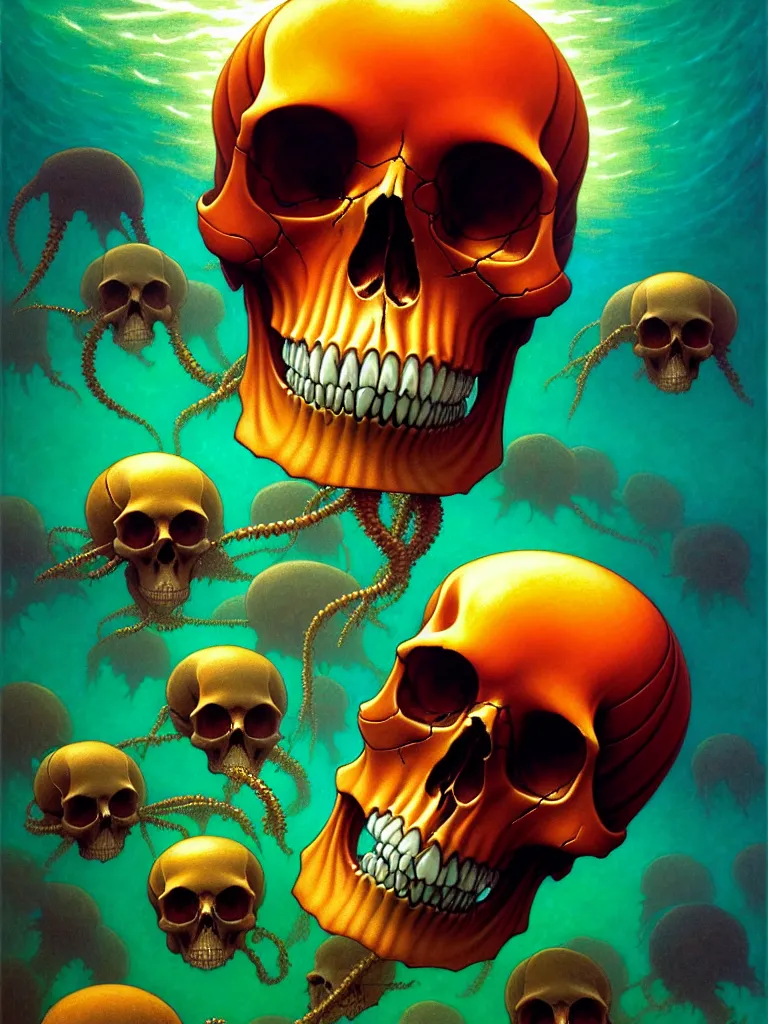 Image similar to a single skull in the sea by dan mumford and vladimir kush and donato giancola and ted withers and peter driben and william - adolphe bouguereau and roberto ferri, glowing red skull, blue jellyfish, green water, highly detailed, high contrast, intricate details, blended palette