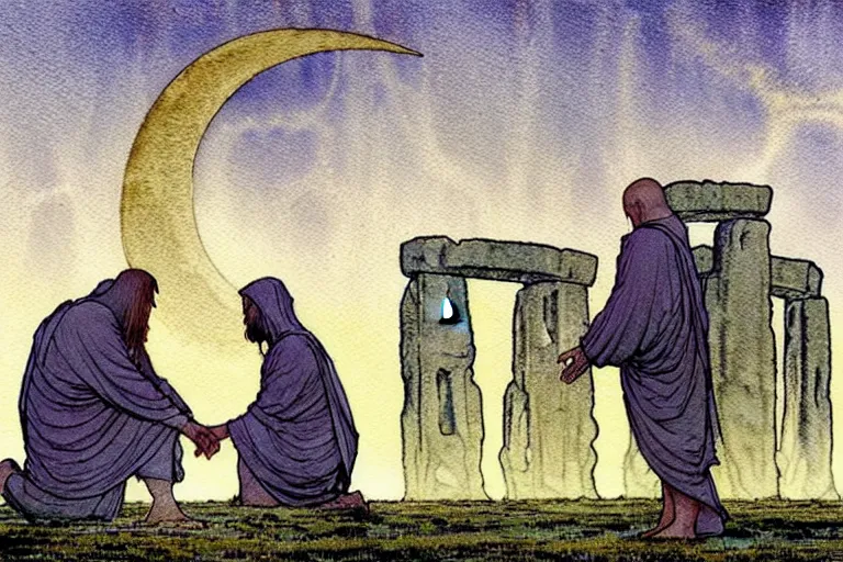 Image similar to a realistic and atmospheric watercolour fantasy concept art of a metallic ufo landing in a large stonehenge. medieval monk in grey robes on his knees praying. a crescent moon in the sky. muted colors. by rebecca guay, michael kaluta, charles vess and jean moebius giraud