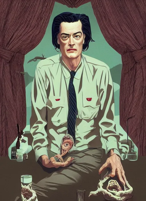 Image similar to Twin Peaks movie poster artwork by Michael Whelan and Tomer Hanuka, Rendering of Kyle MacLachlan resists the body horror, from a scene from Twin Peaks, clean, full of detail, Matte painting, trending on artstation and unreal engine