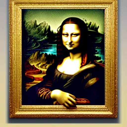 Image similar to da vinci's mona lisa, with the face of an owl, photographed on display in a frame in the louvre