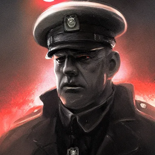 Image similar to gloomy scary soviet policeman, fog, darkness, evil, magic the gathering artwork, D&D, fantasy, cinematic lighting, centered, symmetrical, highly detailed, digital painting, artstation, concept art, smooth, sharp focus, illustration, volumetric lighting, epic Composition, 8k, art by Akihiko Yoshida and Greg Rutkowski and Craig Mullins, oil painting, cgsociety