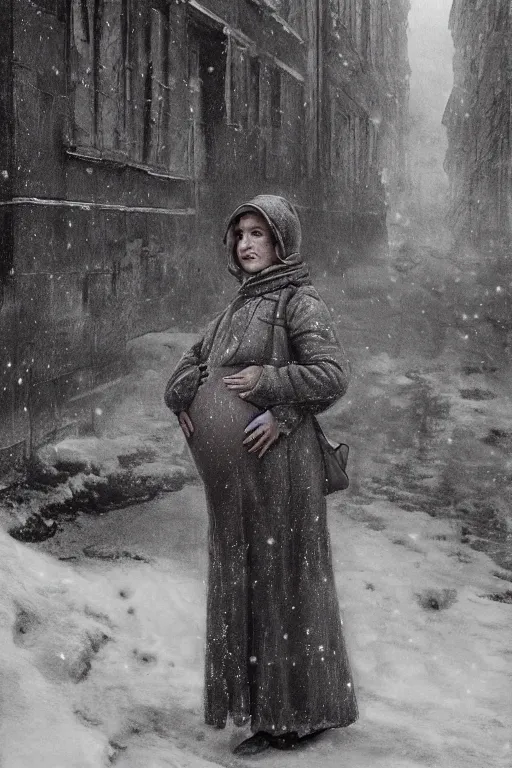 Image similar to full-length portrait of a pregnant woman on the street of besieged Leningrad, historically reliable photo chronicle, winter 1941, , ultra detailed, digital art, octane render, 4K, dystopian, micro details, by Greg Rutkowski and Raymond Swanland, Trending on Artstation