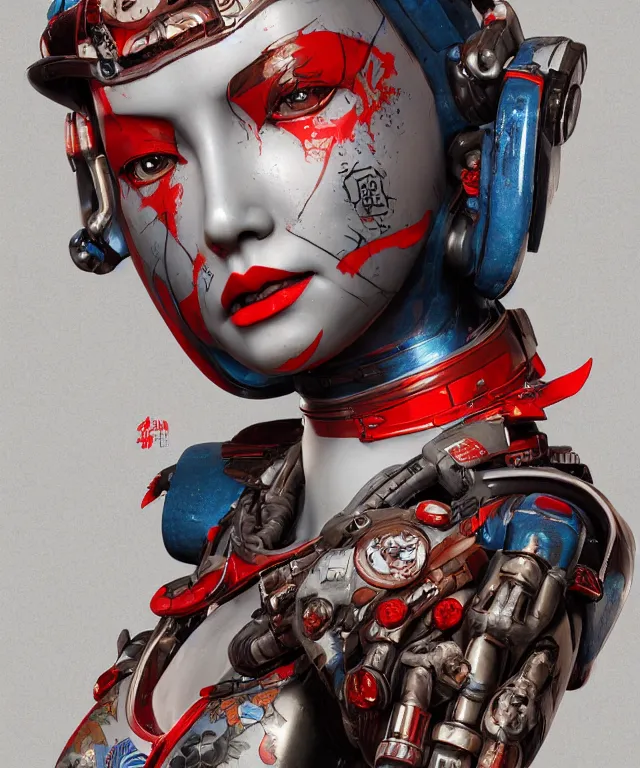 Image similar to an epic fantastic realism comic book style portrait painting of a japanese robotic geisha with kanji tattoos and decals, apex legends, octane render, intricate detail, 4 k hd, unreal engine 5