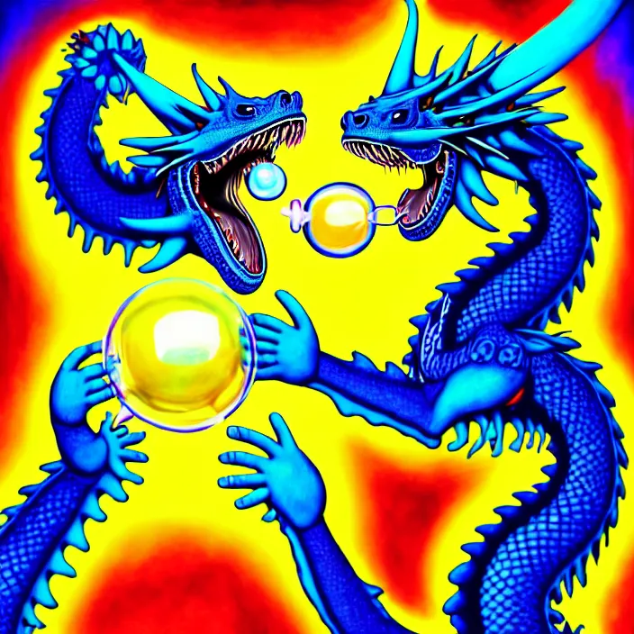 Image similar to a chubby anthropomorphic male blue dragon wearing a yellow t - shirt blowing a bubble, by alex grey, intricate details, artstation, cute, furry, psychedelic, hd, beautiful