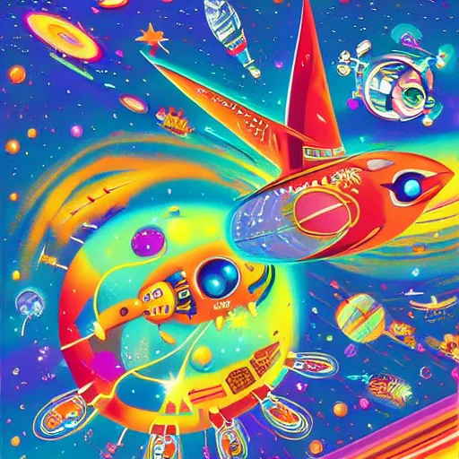 Image similar to a beautiful computer art of a space battle with wild, bright colors. navajo white by nathan spoor, by richard scarry subdued