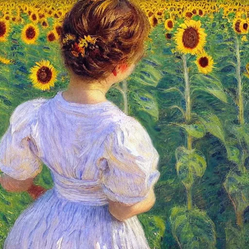 Image similar to a girl in amazing tall sunflower field, her hair flowing down, subtle, intricate details, real masterpiece, impressionist painting, by gustave caillebotte