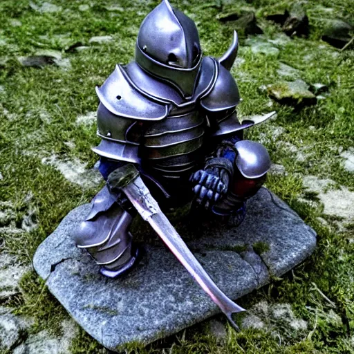 Prompt: dark souls style knight resting on a stone