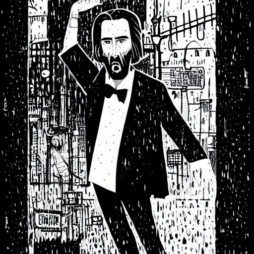 Image similar to mcbess illustration of nicolas cage as john wick in the rain