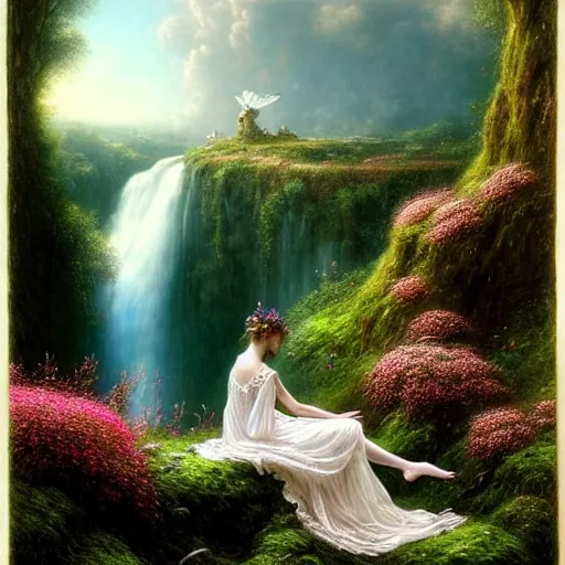 Image similar to highly detailed, an elegant fairy in a white lace dress sitting a in a enchanted scenery landscape, vast lush valley flowers and mushroom, waterfall, stream, sunrise, vivid color, soft clouds, cinematic lighting, perfect composition, 8 k, gustave dore, derek zabrocki, greg rutkowski, belsinski,