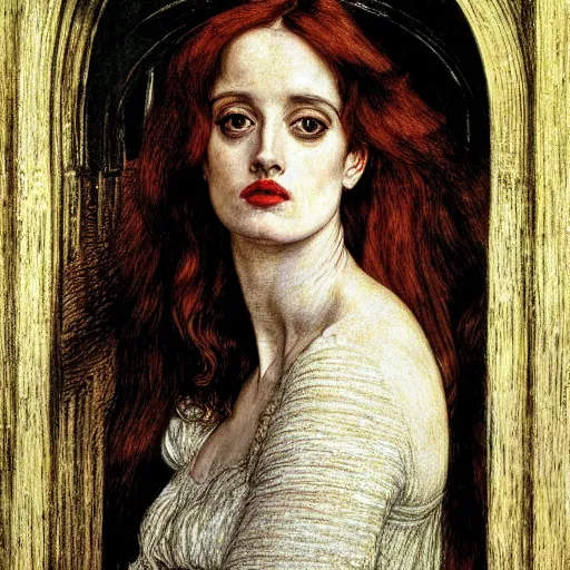 Prompt: a realistic detailed face portrait of Pre-Raphaelite Eva Green by Dante Gabriel Rossetti, by William Holman Hunt, by John Everett Millais, James Collinson, by Frederic George Stephens, pale, elegant,