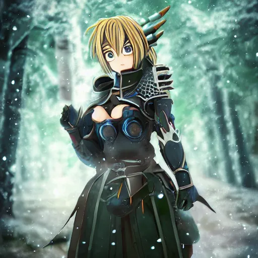 Image similar to portrait focus of knight beautiful 3D anime girl, meat armor wearing, dark forest background, snowing, bokeh, inspired by Masami Kurumada, digital painting, high contrast, unreal engine render, volumetric lighting, high détail