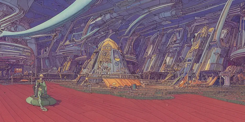 Image similar to cel shaded cinematic shot of the interior of a sci-fi space station with ornate Elven architecture bustling with various intelligent alien species, epic castle, emerald, crystalline, detailed illustration, sharp focus, crisp lines, art by Moebius, Jean Giraud Moebius comic illustration