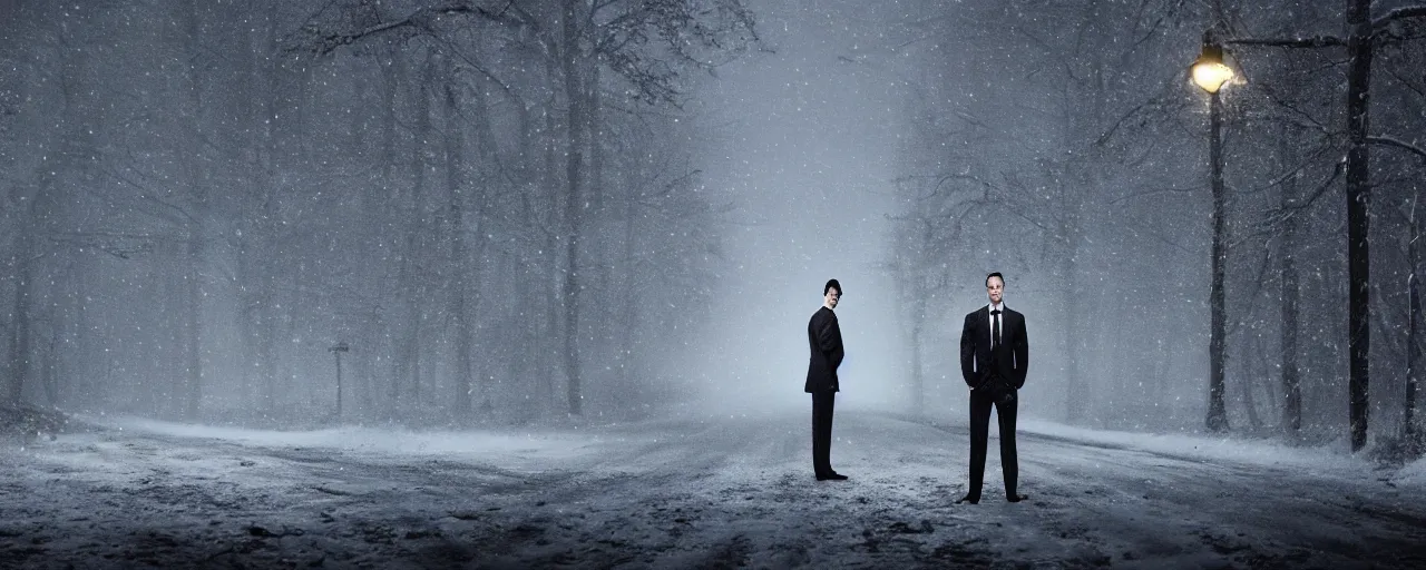 Image similar to Wendigo wearing suit and tie standing in the middle of a snowy street at night, horror, horror photography, cinematic, cinematic lighting, volumetric lighting, atmospheric, octane render, unreal engine, HD, phot, realistic, photo realistic, hyper realistic, hyper realism, photo by Gregory Crewdson, film by Gregory Crewdson,