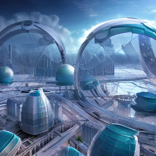 Prompt: a highly detailed 3D octane render of a futuristic dome city floating in the clouds, floating arcology city, inspired by Buckminster Fuller’s circular city project and Cloud City, trending on artstation, unreal engine, hyperrealistic, photorealistic