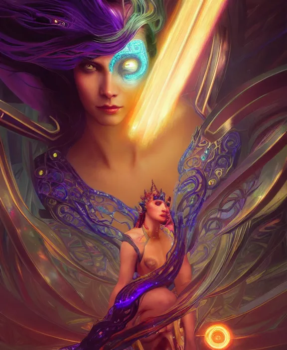 Image similar to a whirlwind of souls rushing inside the metaverse, half body, glowin eyes, tiara with sapphire, pharaoh, android, cyberpunk, d & d, fantasy, intricate, elegant, highly detailed, colorful, vivid color, digital painting, artstation, concept art, art by artgerm and greg rutkowski and alphonse mucha and ruan jia