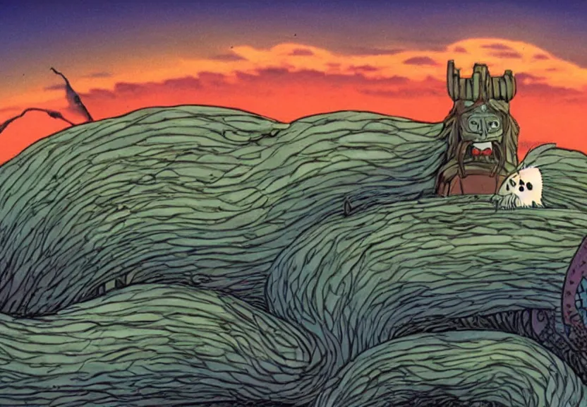 Image similar to a cell - shaded cartoon from princess mononoke ( 1 9 9 7 ) showing a lovecraftian eel. in the background is stonehenge on a misty and starry night. very dull muted colors, hd, 4 k, hq