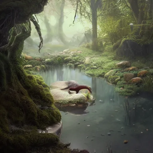 Image similar to tom bagshaw, soft painting render curiosities alien pond vegetation rocks, beautiful running fox covered moss scintillating, accurate features, focus, very intricate ultrafine details, random volumetric lighting, dense fog, award winning masterpiece, octane render 8 k hd, artstation