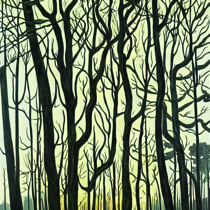 Image similar to charles burchfield art painting, beautiful arboreal forest by Adriaan Herman Gouwe