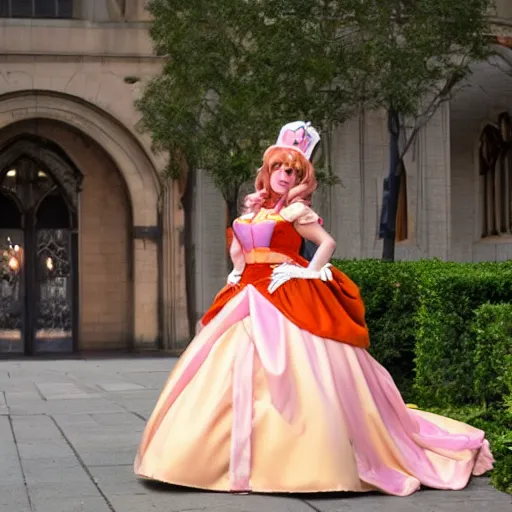 Image similar to a woman cosplaying princess peach in an opera gown