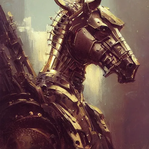 Image similar to portrait girl face metal cyborg armor and metal horse by gaston bussiere, anna nikonova aka newmilky, greg rutkowski, yoji shinkawa, yoshitaka amano, tsutomu nihei, donato giancola, geoffroy thoorens, concept art, trending on artstation, featured on pixiv