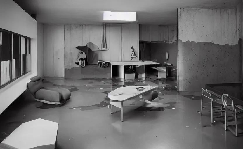 Prompt: Interior shot of a secret brutalist concrete breez block studio apartment with computers and aquariums and with glossy concrete floor by stanley kubrick, shot by 35mm film color photography
