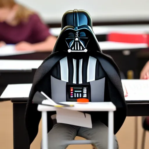 Image similar to Darth Vader sitting at a desk in an exam hall, doing his A-Level exams