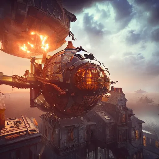 Prompt: a flying steampunk fortress, explosive storm, extremely detailed, behrens style, unreal 5 render, fantasy digital art, octane render, beautiful composition, trending on artstation