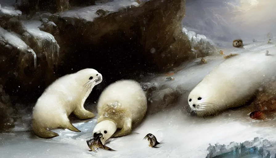 Image similar to highly detailed painting of cute furry white baby seals eating fish inside a snowy fantasy ice crystal cavern by william turner, by greg rutkowski, by william constable, thick brush strokes and visible paint layers, 4 k resolution