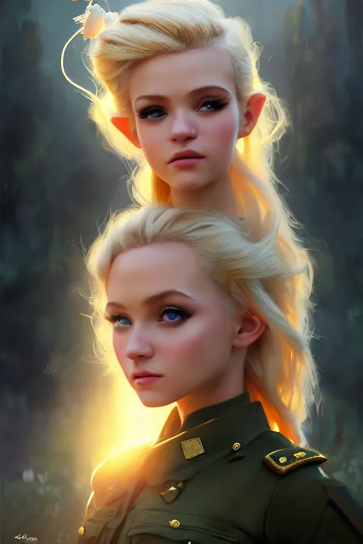 Image similar to cinematic shot of an epic portrait of a cute blonde fairy dressed in military clothes, stylised military clothes, shiny skin, beautiful eyes, beautiful, small details, night setting, realistic poster with volumetric light from craig mallism, artgerm, jeremy lipkin and michael garmash, unreal engine, radiant light, digital art, trends at art station, a masterpiece