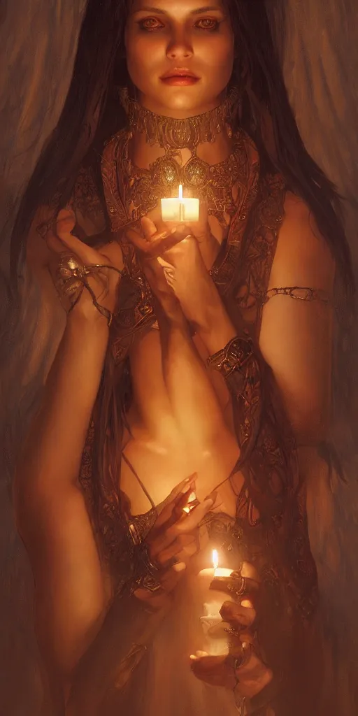 Image similar to very beatiful girl close to a candle in dark room, queen of the damned dramatic light, highly detailed, digital painting, artstation, concept art, sharp focus, illustration, art by artgerm and greg rutkowski and alphonse mucha